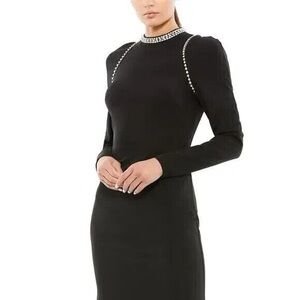 Mac Duggal Black Long Sleeve Dress with Embellished Neckline